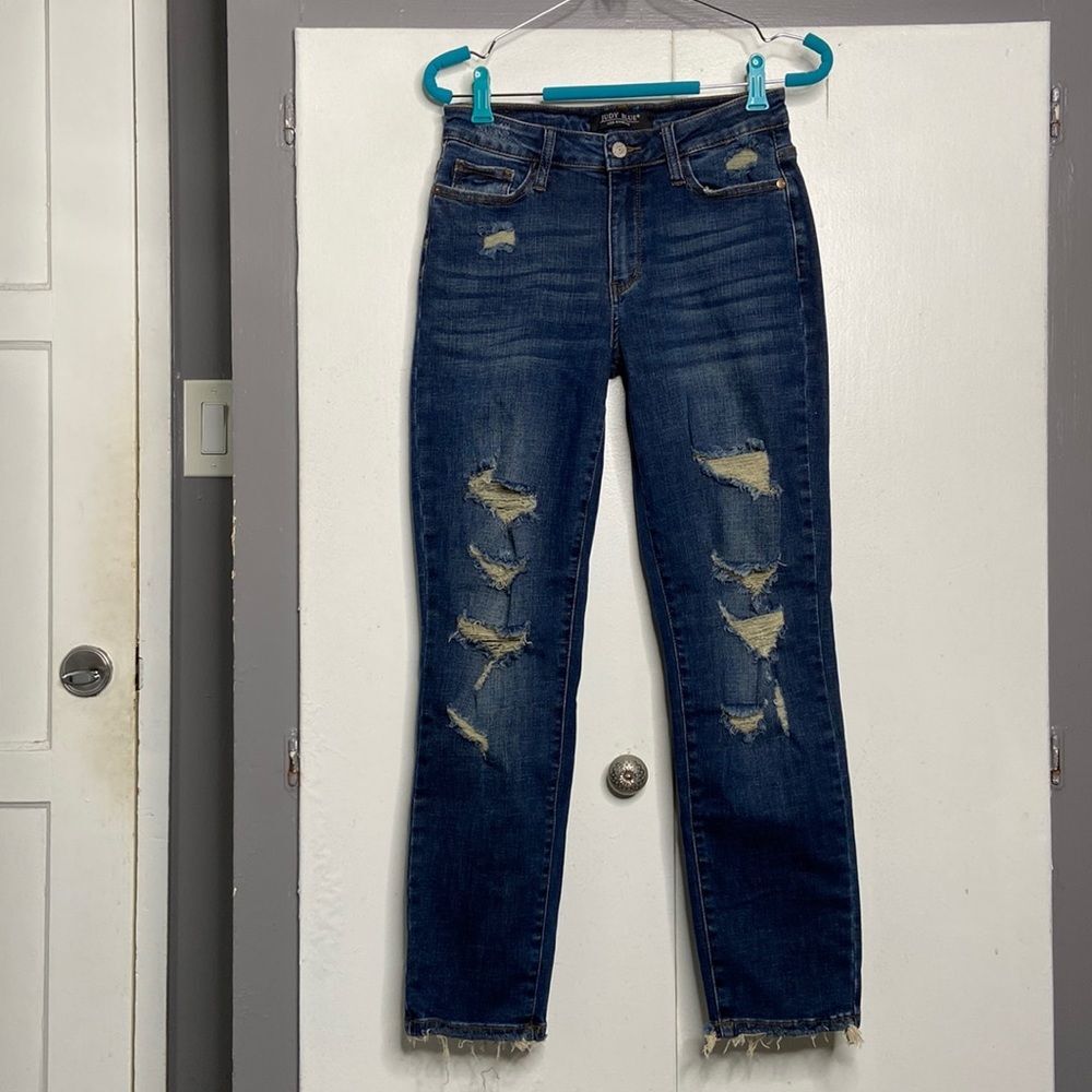 Judy Blue Jeans Womens 3/26 Boyfriend Fit Distressed Denim Dark Blue